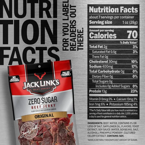 Miniatura 2 de Jack Link's Carne de res, sin azúcar, aperitivo apto para paleo, sin edulcorantes artificiales, 0.46 oz de proteína y 70 calorías por porción, sin