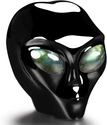 Skullis Estrella de obsidiana negra de 2.0 pulgadas, compañero de calavera de cristal alienígena con ojos de labradorita, escultura de arte fino de