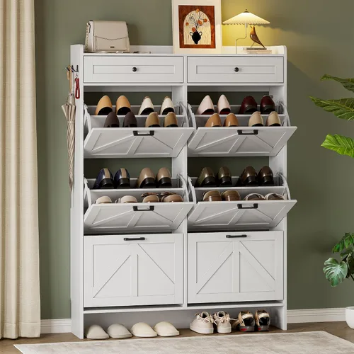 Miniatura 11 de BORNOON Gabinete de Almacenamiento de Zapatos para Entrada, Gabinete Estrecho de Zapatos Estilo Granja con 2 Cajones Abatibles y Cajones Superiores