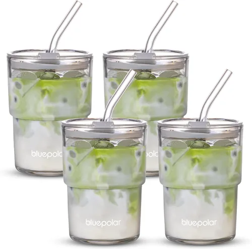 BLUEPOLAR - Vaso de agua de vidrio de 13 oz/400 ml con popote y tapa sellada para llevar, vaso de café helado de pared gruesa, vaso de vidrio para