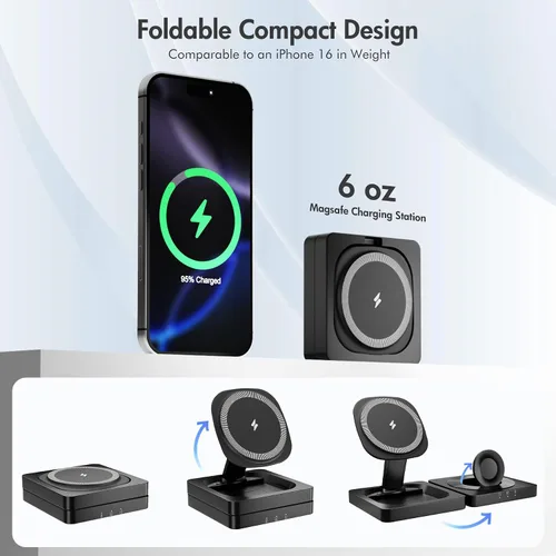 Miniatura 7 de Cargador inalámbrico magnético para iPhone: 3 en 1 para viajes 15W almohadilla de carga rápida plegable para iPhone 17 16e 16 15 14 13 12 Pro Max