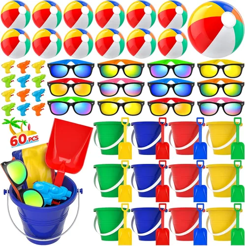 Recuerdos de fiesta en la piscina, 60 juguetes de piscina para niños de 3 a 8 años, bolas de playa a granel, cubo de arena y palas, gafas de sol 60