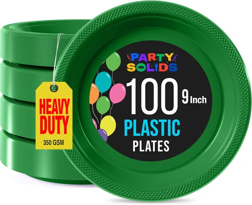 Miniatura 42 de Exquisitos platos de plástico rojo Party Solids para fiesta, platos desechables rojos de 9 pulgadas, juego de vajilla de plástico resistente, 100