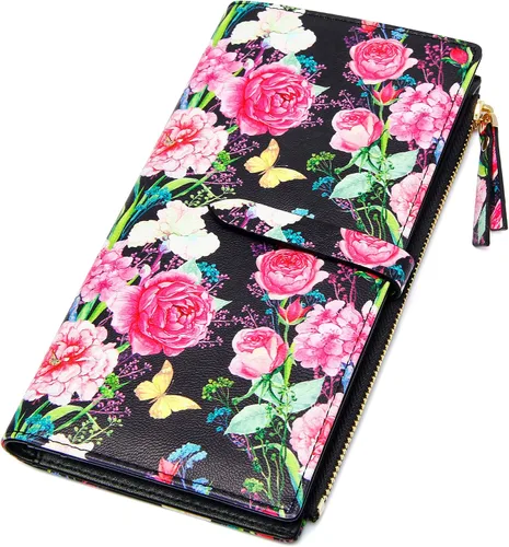 Miniatura 2 de ZRTARY Billeteras para mujer, delgada, plegable, con bolsillo para monedas, con cremallera, B-Flores rojas, Un bolsillo con cremallera