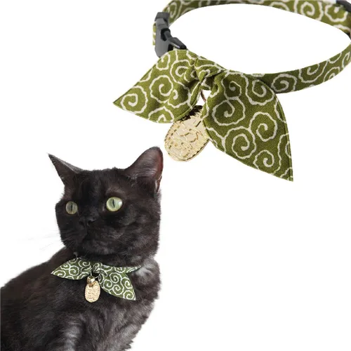 Necoichi Collar de gato ninja (verde) con campana de seguridad, suave y ligero para gatos, gatito, patrón elegante japonés, vendedor número 1 en