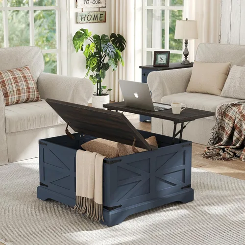 Miniatura 11 de Furnideco - Mesa de centro de granja con superficie elevable, mesa central cuadrada de madera con gran compartimento de almacenamiento oculto