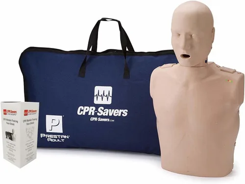CPR Savers Prestan - Maniquí profesional de entrenamiento de RCP con monitor de retroalimentación AHA 2019 y protectores faciales (1 adulto, piel