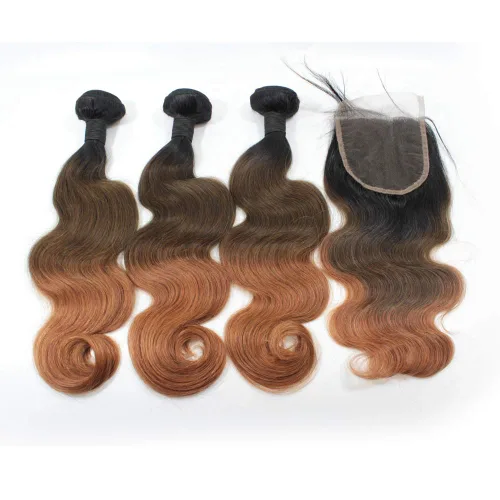 Miniatura 14 de 1B/27 rubio ombre brasileño virgen paquetes con cierres 4pcs lote cuerpo onda 12 con 10 pulgadas ombre encaje cierre con teje pelo