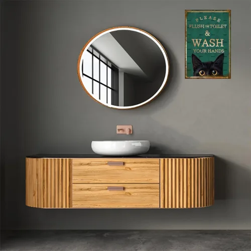 Miniatura 6 de EMOHAT Letrero de placa de metal de aluminio, divertido gato negro con texto en inglés «Please Flush Toilet Wash Your Hands», bonito cartel