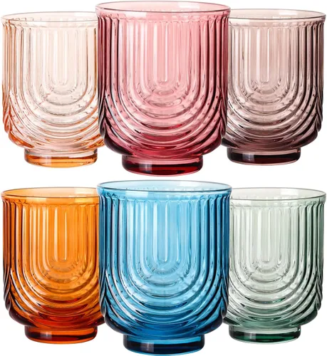 Miniatura 9 de JOVGANK Juego de vasos de bebida vintage rosados de 6 a 14 onzas, vasos de vidrio rosa art déco, vasos de cóctel de whisky, para bar, jugo de café