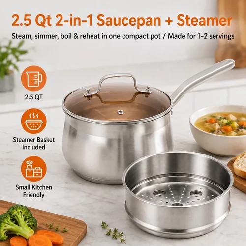Miniatura 2 de WANGYUANJI Cacerola de acero inoxidable de 2.5 cuartos de galón con cesta de vapor, olla de vapor multiusos 2 en 1 para cocinar, verduras y pastas