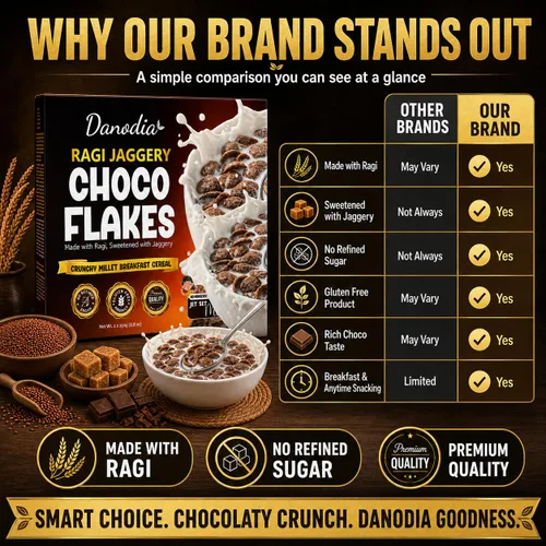 Miniatura 8 de Danodia Foods Ragi Jaggery Choco Flakes 250g/8.8 oz, Cereal de desayuno de mijo dedo con sabor a chocolate Jaggery inspirado en la India, cereal