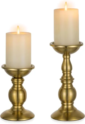 Miniatura 10 de Nuptio Portavelas negro para velas de pilar - Juego de 2 portavelas rústicos Soporte de velas de metal alto Portavelas de pilar retro de otoño
