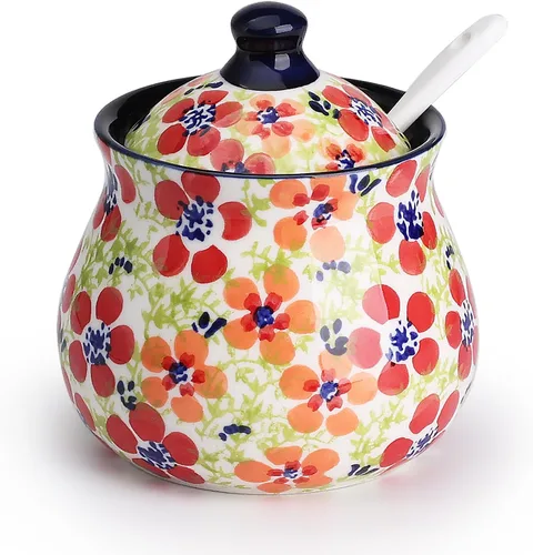 Silesia Azucarero hecho a mano con tapa y cuchara, jarra de azúcar de cerámica pintada a mano de 9 onzas para el hogar en caja de regalo, decoración