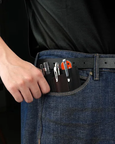 Miniatura 7 de VIPERAED PJ38 Funda multiherramienta de cuero para hombres, 4 en 1, organizador de bolsillo EDC para cuchillo de bolsillo, linterna multiherramienta