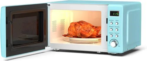 Miniatura 7 de Horno de microondas retro para encimera SIMOE, microondas pequeño de 0.7 pies cúbicos con función de descongelamiento, 5 niveles de potencia, 8
