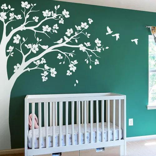 Miniatura 13 de Adhesivo decorativo para pared de árbol de esquina grande con flores grandes, pájaros y hojas para cuarto de bebé, mural 087