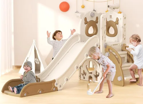 Miniatura 10 de YUFU Tobogán 7 en 1 para Niños para Niños Pequeños, Conjunto de Juego de Tobogán para Niños Pequeños con Golf, Escalador, Aro de Baloncesto