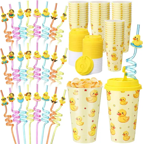 Miniatura 21 de Yungyan 16 juegos de tazas de golosinas con tapas y pajitas para decoraciones de cumpleaños, reutilizables, 16 onzas, vasos de plástico para dulces