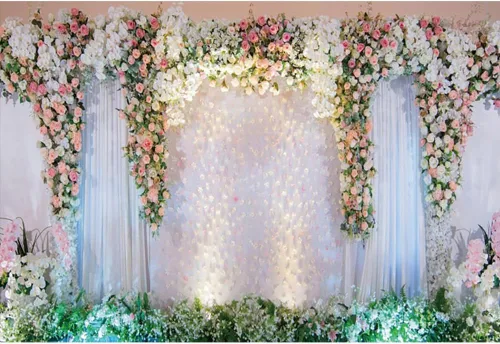 Miniatura 4 de Telón de fondo floral de boda de 5 x 3 pies, cortina de escenario blanco, rosa rosa, fondo de fotografía para despedida de soltera, boda, fiesta
