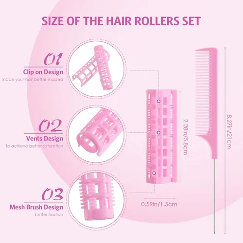 Miniatura 2 de Syhood 28 rodillos para el cabello, rodillos de plástico de tamaño pequeño de 0.6 pulgadas/0.6 in con peine de acero para cabello corto y largo, Rosa