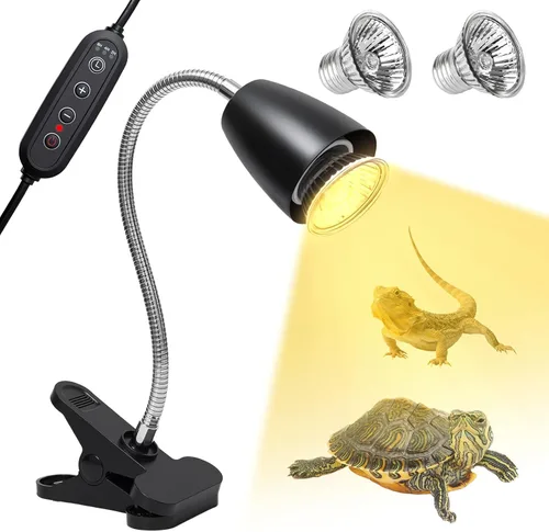 Lámpara de calor para reptiles con 2 bombillas UVA UVB de 50 W, luz de calentador de tortuga con luz giratoria de 360 grados con abrazadera y