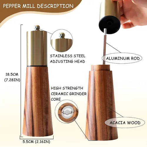 Miniatura 2 de Juego de molinillo de sal y pimienta, molinillo de pimienta de madera de acacia con grosor ajustable, molinillo de hoja de cerámica recargable