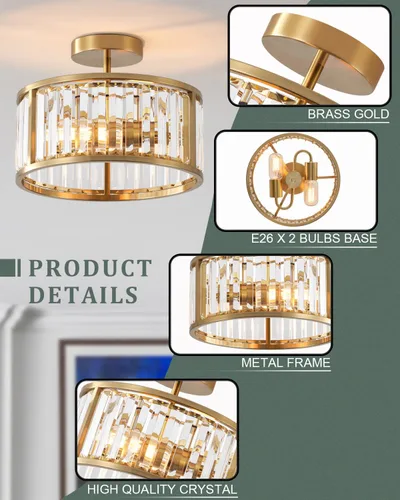 Miniatura 3 de Lámpara de techo empotrada de latón dorado, candelabro de cristal enjaulado de 2 luces, lámparas de pasillo de tambor pequeño para montaje en techo
