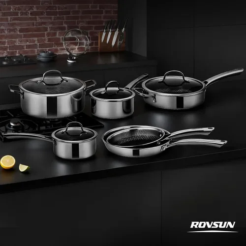 Miniatura 8 de ROVSUN Juego de 10 utensilios de cocina antiadherentes, juego de ollas y sartenes de acero inoxidable con tapas, juego de cocina no tóxico, sartén