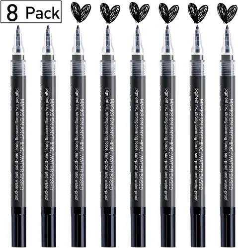 Miniatura 2 de Rotulador acrílico de pintura negra: paquete de 8 marcadores de pintura negros de 0.028 in, marcadores de pintura para metal, arte, madera, papel