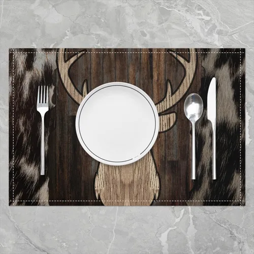 Miniatura 2 de Juego de 4 manteles individuales con diseño de ciervos para mesa de caza, cocina, fiesta, con cuernos, tela lavable, manteles individuales para mesa