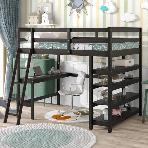 Elegante cama alta matrimonial, cama alta multifuncional con escritorio integrado, escalera inclinada y estantes para niños, adolescentes y adultos,