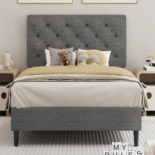 Miniatura 21 de BarnFurin Marcos de cama individual con cabecera capitoné con botones, cama de plataforma tapizada de lino con soporte de listones de madera, fácil