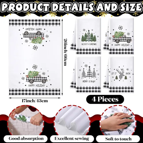 Miniatura 3 de Preboun Juego de 4 Toallas de Cocina Navideñas de 17x26'' a Cuadros Buffalo Absorbentes, Toalla de Platos Navideña con Diseños de Árbol de Navidad