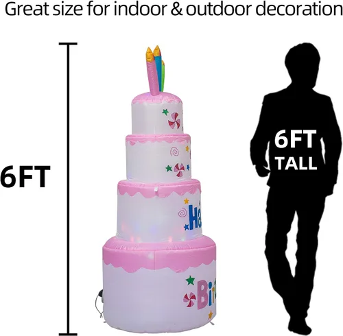 Miniatura 4 de AJY Pastel inflable de feliz cumpleaños de 6 pies con vela, decoración de césped para interiores y exteriores