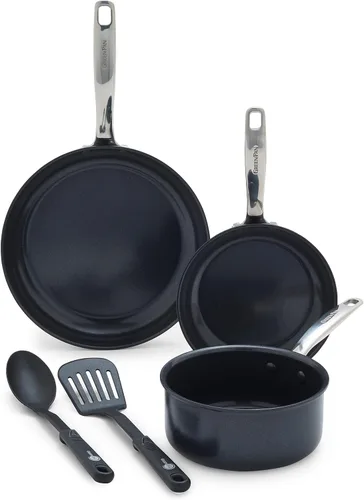 GreenPan Chatham Prime Midnight - Juego de ollas y sartenes de cerámica anodizada dura, 5 piezas, utensilios de cocina mixtos, asas de acero