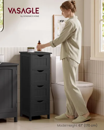 Miniatura 3 de VASAGLE Slim Bathroom Storage Cabinet, MDF Freestanding Floor Organizer with 4 Drawers, Narrow Laundry Room Storage, 11.8 x 11.8 x 32.4 Inch, Black