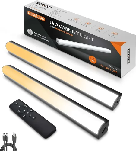 Luces para debajo del gabinete con control remoto, paquete de 2 luces magnéticas regulables para el armario, luz de tienda LED inalámbrica Negro