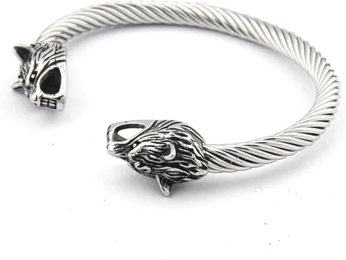 Miniatura 3 de BAVIPOWER Pulsera de acero inoxidable con cabezas de lobo nórdico Fenrir Odin Raven Dragón Serpiente de acero inoxidable fuerte Pagan Jewelry