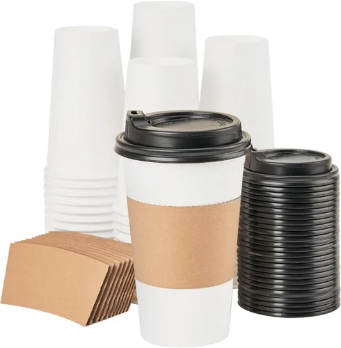 Miniatura 21 de RACETOP Tazas de café de papel de 12 onzas, paquete de 100 tazas de café desechables negras con tapas, tazas de papel caliente con tapas, taza