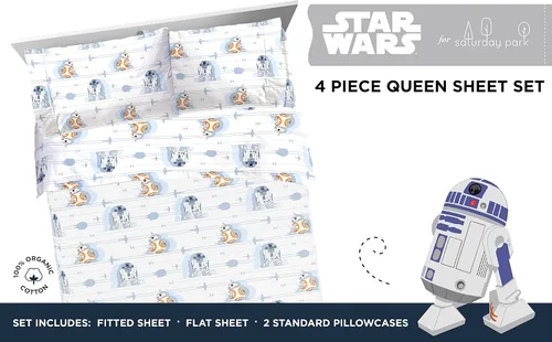 Miniatura 2 de Saturday Park Star Wars Droids - Juego de sábanas tamaño Queen, 4 piezas, 100% algodón orgánico, con certificación R2-D2 y BB-8, certificado GOTS
