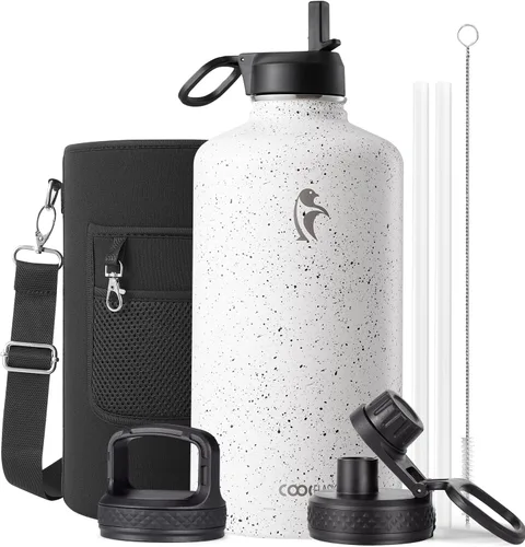 Miniatura 49 de Coolflask Botella de agua de 20 onzas aislada con pajilla, 3 tapas de metal de acero inoxidable, botella de agua de boca ancha para deportes u