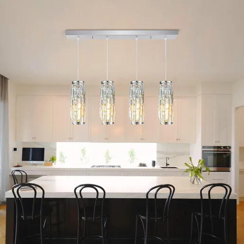 Miniatura 8 de LMQNINE Iluminación colgante cromada de 4 luces, lámpara colgante moderna, mini candelabros de cristal, lámpara colgante ajustable para cocina, Cromo
