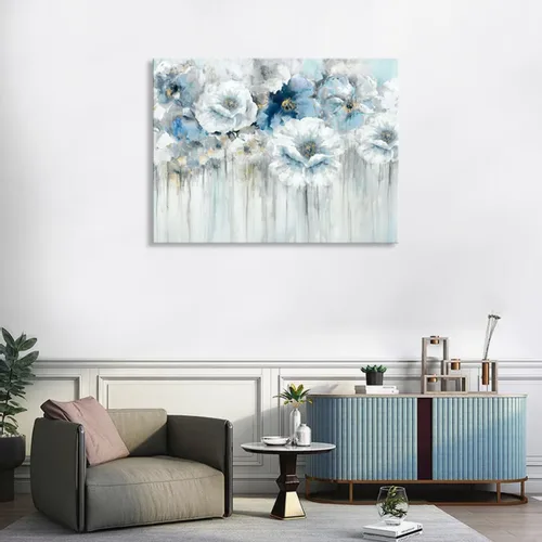 Miniatura 4 de Cuadro de flores para sala de estar, arte de pared floral azul y blanco sobre lienzo con detalles dorados para decoración de dormitorio gris, 32 x