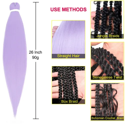 Miniatura 3 de Leeven 26 pulgadas, 2 paquetes de cabello trenzado color lila claro preestirado, cabello trenzado lavanda, extensiones de trenzas preestiradas
