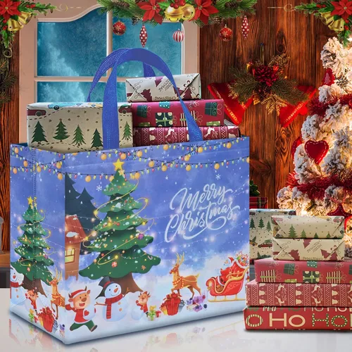 Miniatura 6 de AhfuLife 12 piezas bolsas de regalo de Navidad extra grandes, 15.7'' x 14.2'' x 5.9'', bolsas tipo tote de Navidad con asas, bolsa de compras A: 12