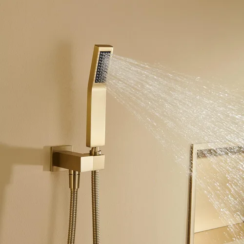 Miniatura 5 de Sistema de ducha de 10 pulgadas, juego combinado de ducha de lluvia dorado cepillado montaje en pared, grifería de baño con cabezal de ducha de Oro