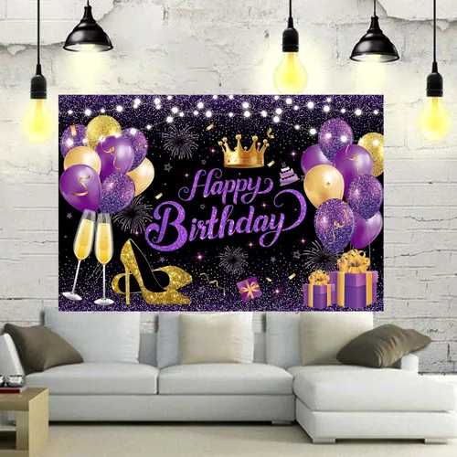Miniatura 7 de 180x120 cm Púrpura Oro Negro Purpurina Telón de Fondo de Cumpleaños Feliz para Foto de Fiesta, Telón de Fondo de 71x47 Pulgadas Púrpura Oro