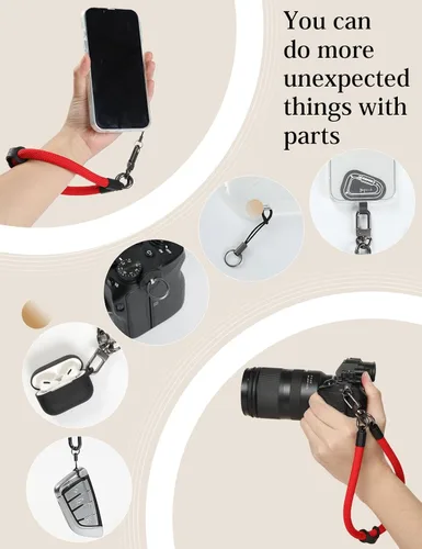 Miniatura 4 de Correa de mano para muñeca, 2 parches para teléfono, soporte para teléfono celular, correa de muñeca para llaves, AirPods, cámara (rosa, 12 pulgadas)