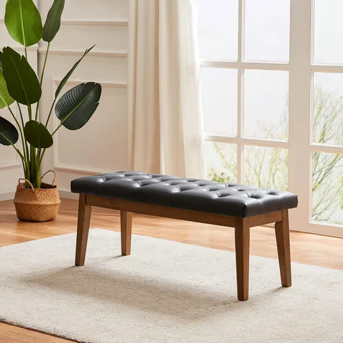 Miniatura 5 de HUIMO Banco de entrada, cuero negro, madera maciza, duradero y resistente al desgaste PU-Negro